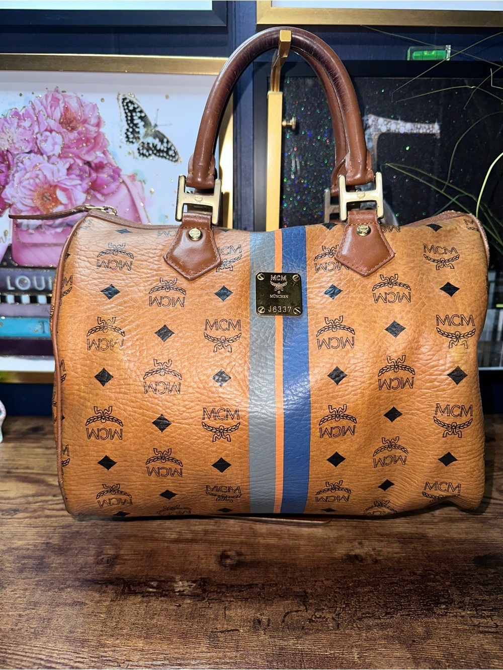 MCM Visetos Boston Bag Cognac Leather Stripe Satchel